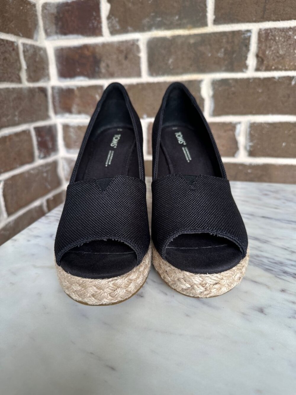 TOMS Michelle Peep Toe Espadrille Wedge Pump Black Sandal Slip-on Heels Size 9 - Picture 10 of 15